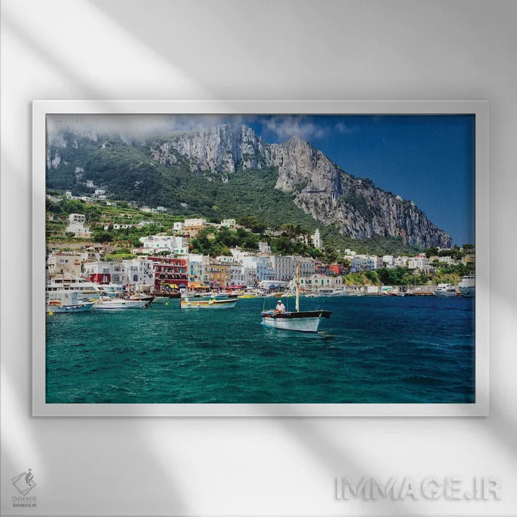 تابلو دکوراتیو نمای بندر مارینا گرانده از دریا، کاپری، کامپانیا، ایتالیا اثر جورج اوزه - نمای قابدار سفید