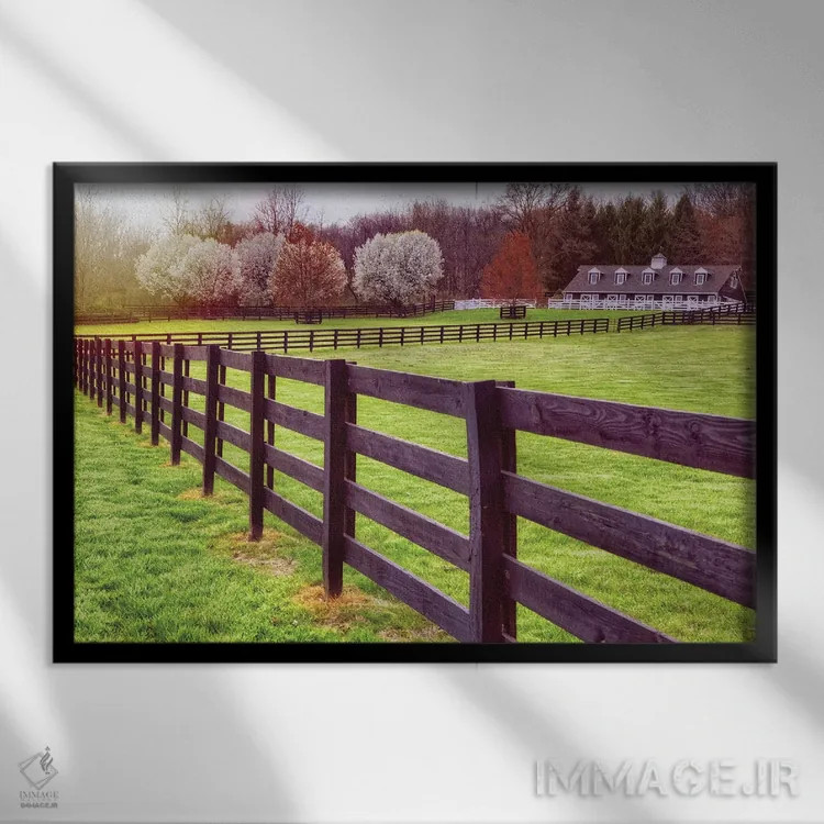 تابلو دکوراتیو منظر بهاری در شهرستان هانتردن با اصطبل، تیوکسبری، نیوجرسی اثر جورج اوزه - نمای قابدار مشکی