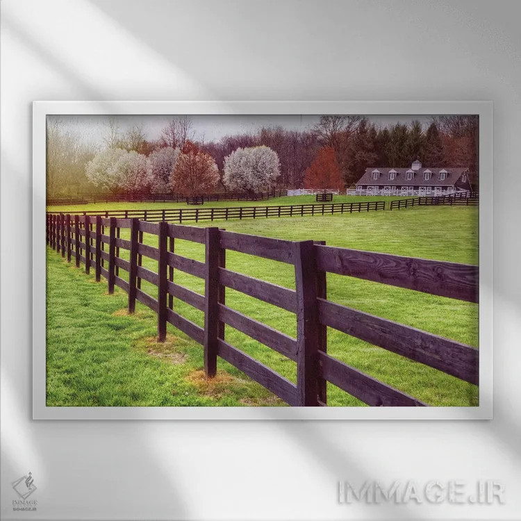 تابلو دکوراتیو منظر بهاری در شهرستان هانتردن با اصطبل، تیوکسبری، نیوجرسی اثر جورج اوزه - نمای قابدار سفید