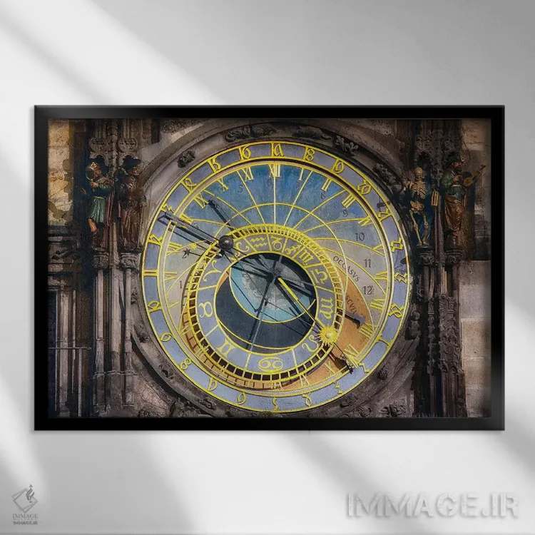 تابلو دکوراتیو نمای نزدیک از ساعت نجومی پراگ، جمهوری چک اثر جورج اوزه - نمای قابدار مشکی