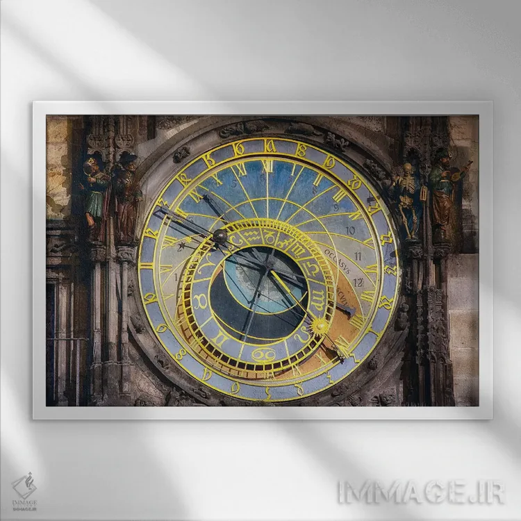 تابلو دکوراتیو نمای نزدیک از ساعت نجومی پراگ، جمهوری چک اثر جورج اوزه - نمای قابدار سفید