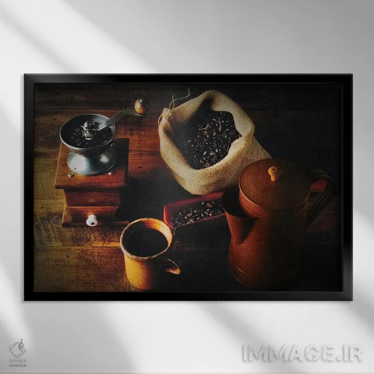 تابلو دکوراتیو قهوه دم آور سنتی، آسیاب دستی، دانه تازه و قوری کلاسیک قهوه اثر جورج اوزه - نمای قابدار مشکی