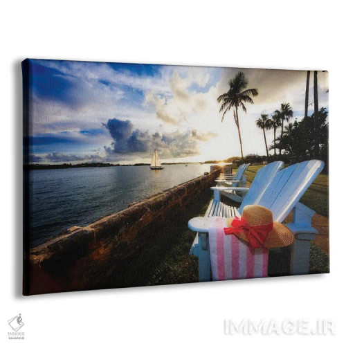 تابلو دکوراتیو غروب خلیج همیلتون با صندلی های راحتی، برمودا اثر جورج اوزه - نمای پرسپکتیو محصول