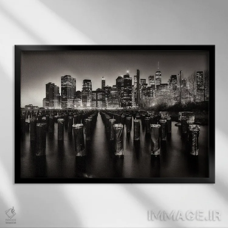 تابلو دکوراتیو نمای شبانه منهتن پایین از بروکلین، نیویورک اثر جورج اوزه - نمای قابدار مشکی