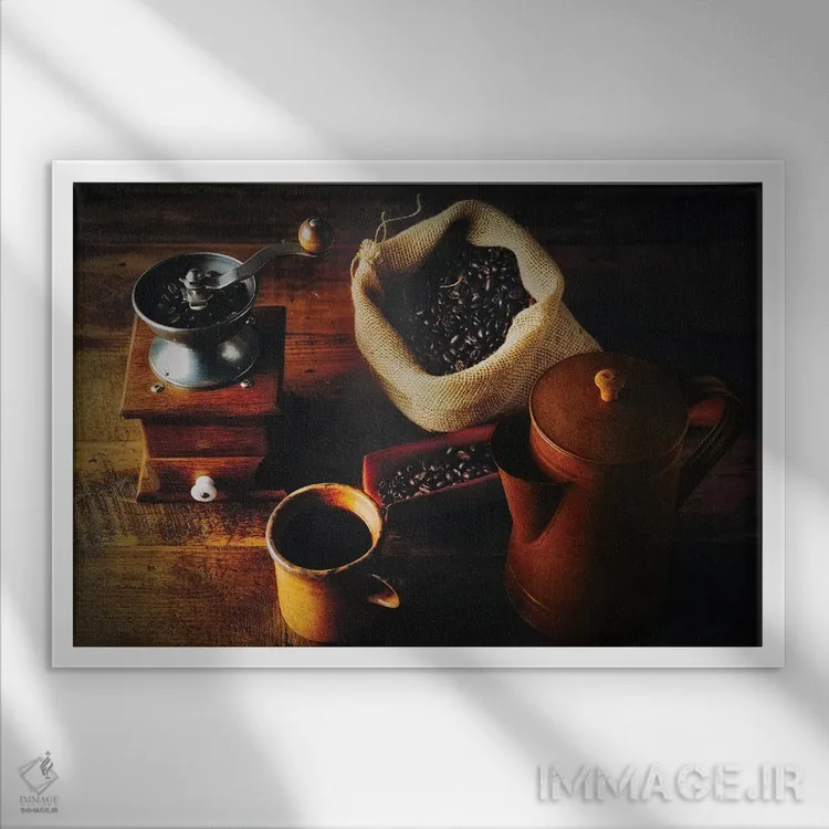 تابلو دکوراتیو قهوه دم آور سنتی، آسیاب دستی، دانه تازه و قوری کلاسیک قهوه اثر جورج اوزه - نمای قابدار سفید