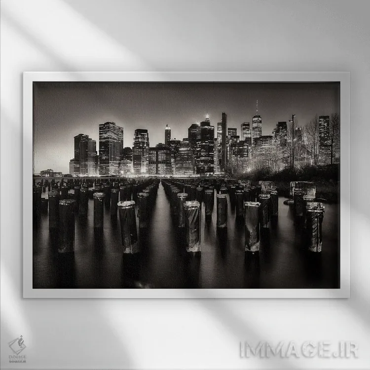 تابلو دکوراتیو نمای شبانه منهتن پایین از بروکلین، نیویورک اثر جورج اوزه - نمای قابدار سفید