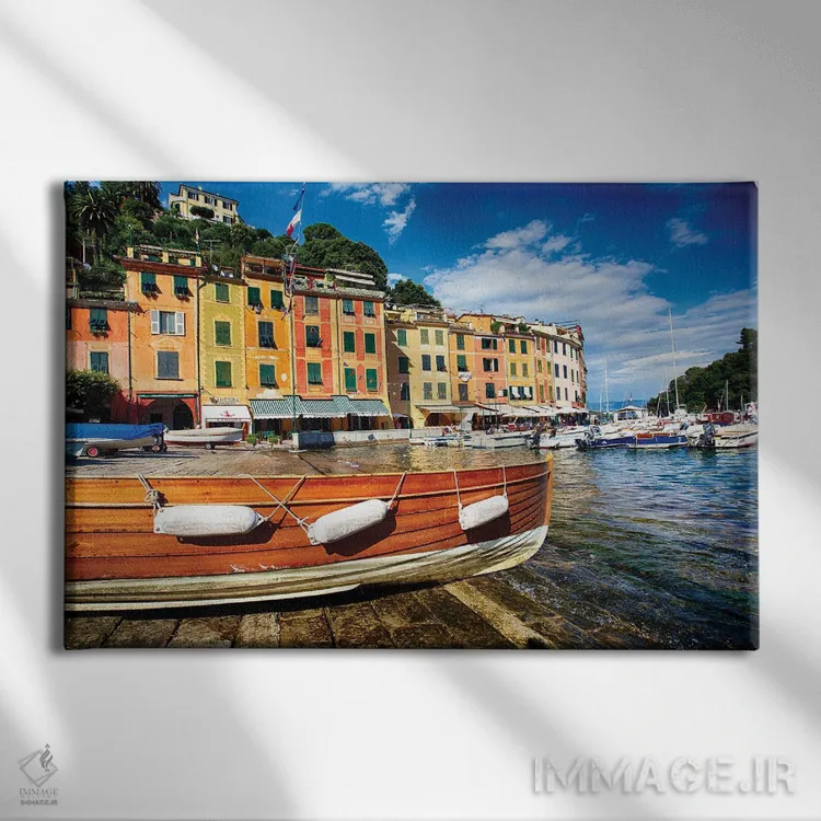 تابلو دکوراتیو ساختمان ها در بندر، پورتوفینو، لیگوریا، ایتالیا اثر جورج اوزه - نمای روبهرو روی دیوار