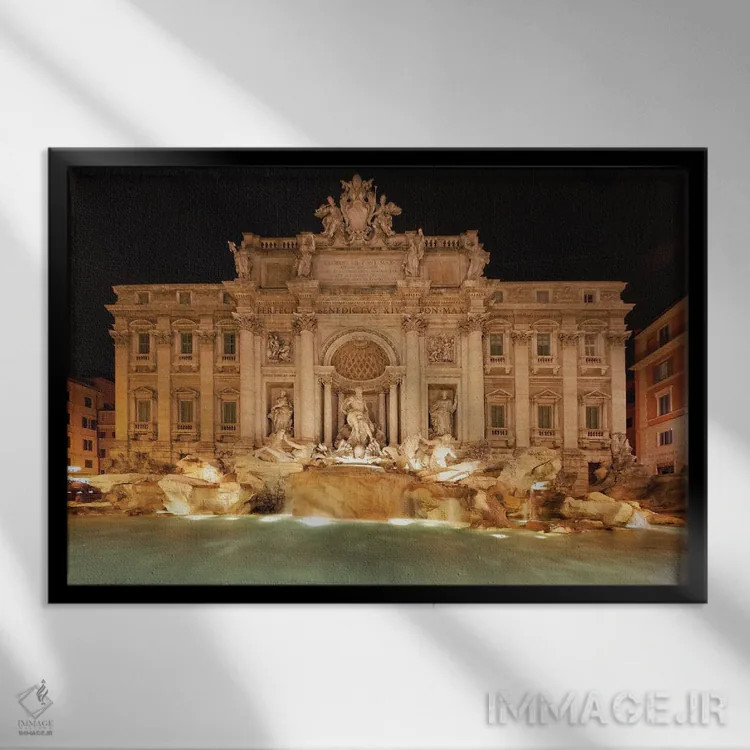 تابلو دکوراتیو نمای شبانه فواره تروی، رم، ایتالیا اثر جورج اوزه - نمای قابدار مشکی