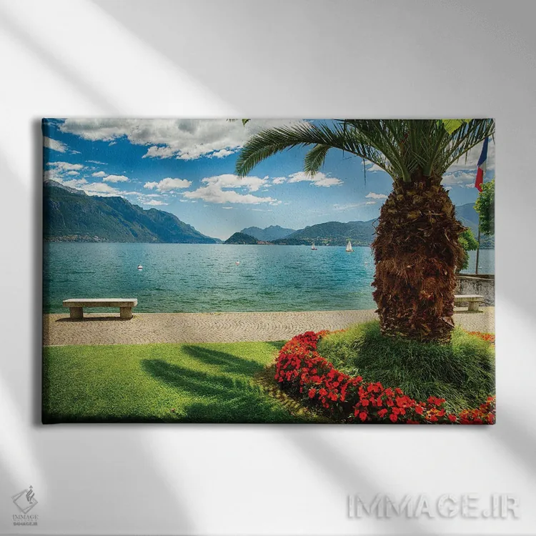تابلو دکوراتیو منظره زیبای دریاچه کومو ماجیوره، دریاچه کومو، لمباردی، ایتالی… اثر جورج اوزه - نمای روبهرو روی دیوار