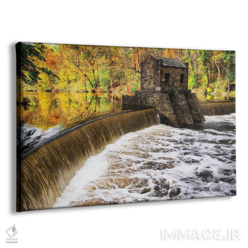 تابلو دکوراتیو سد و آبشار روی دریاچه اسپیدول در پاییز، نیوجرسی اثر جورج اوزه - نمای پرسپکتیو محصول