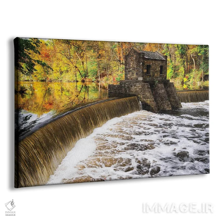 تابلو دکوراتیو سد و آبشار روی دریاچه اسپیدول در پاییز، نیوجرسی اثر جورج اوزه - نمای پرسپکتیو محصول