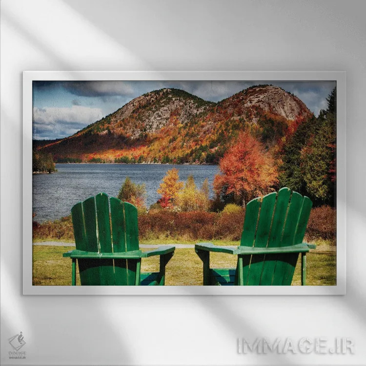 تابلو دکوراتیو دو صندلی آدیرونداک کنار برکه جردن، جزیره مانت دیزرت، پارک ملی… اثر جورج اوزه - نمای قابدار سفید