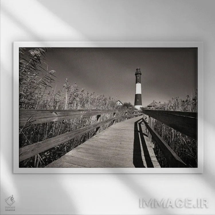 تابلو دکوراتیو فانوس دریایی جزیره فایر، لانگ آیلند، نیویورک اثر جورج اوزه - نمای قابدار سفید