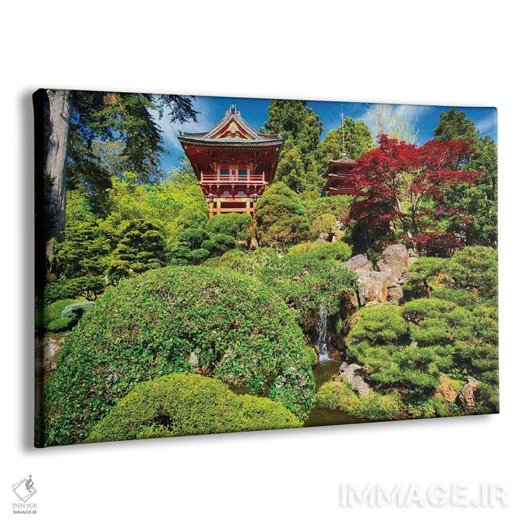 تابلو دکوراتیو پاویون های سنتی ژاپنی در باغی با آبشار کوچک اثر جورج اوزه - نمای پرسپکتیو محصول