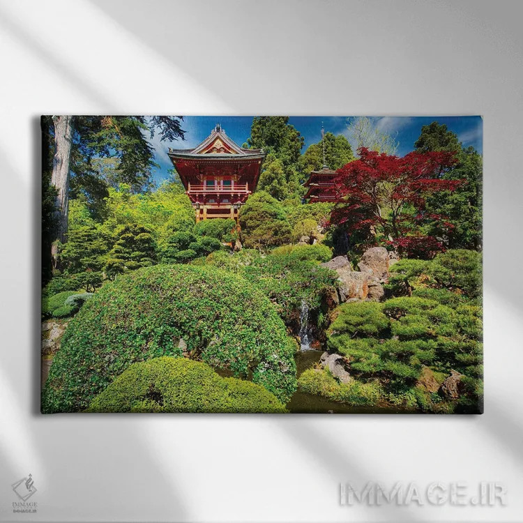تابلو دکوراتیو پاویون های سنتی ژاپنی در باغی با آبشار کوچک اثر جورج اوزه - نمای روبهرو روی دیوار
