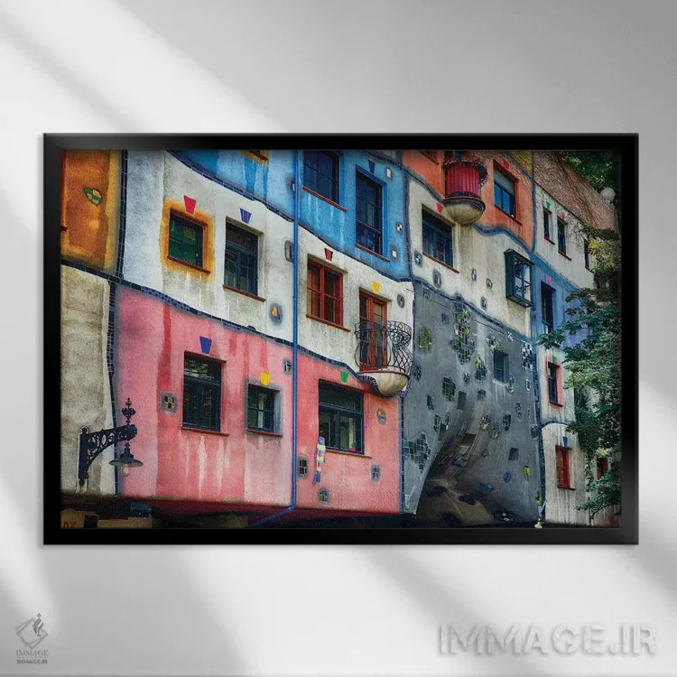 تابلو دکوراتیو معماری امپرسیونیستی رنگارنگ خانه هوندرت واسر، وین، اتریش اثر جورج اوزه - نمای قابدار مشکی