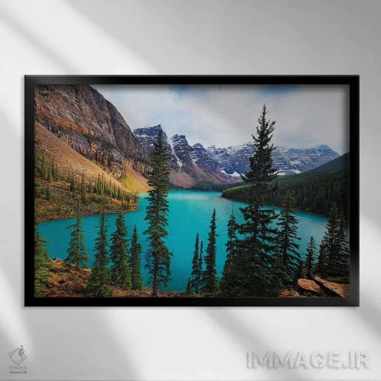 تابلو دکوراتیو دریاچه مورین، دره ده قله، آلبرتا، کانادا اثر جورج اوزه - نمای قابدار مشکی