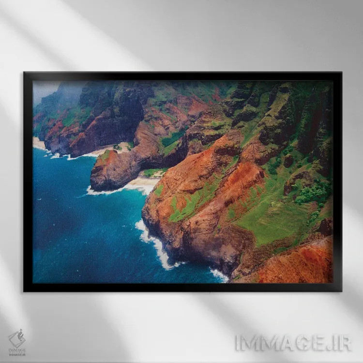 تابلو دکوراتیو نمای هوایی ساحل ناپالی، کائوآی، هاوایی اثر جورج اوزه - نمای قابدار مشکی
