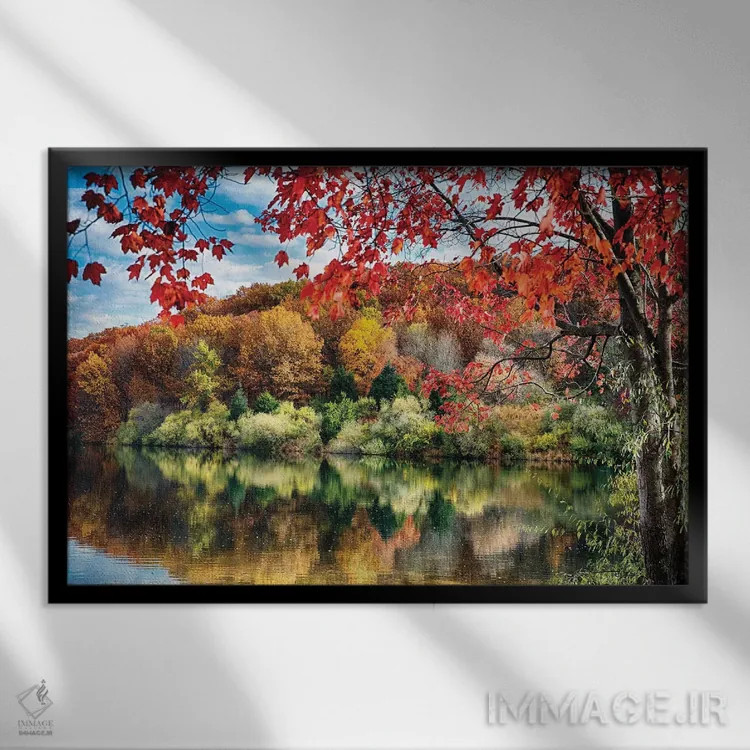 تابلو دکوراتیو انعکاس درختان رنگارنگ بر دریاچه، مخزن راند ولی، شهرستان هانتر… اثر جورج اوزه - نمای قابدار مشکی