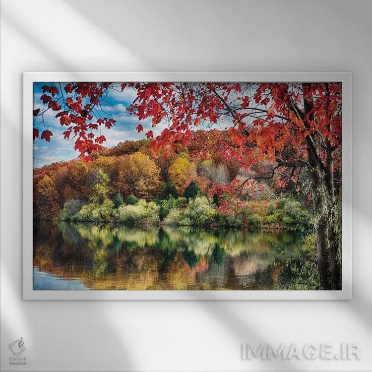 تابلو دکوراتیو انعکاس درختان رنگارنگ بر دریاچه، مخزن راند ولی، شهرستان هانتر… اثر جورج اوزه - نمای قابدار سفید