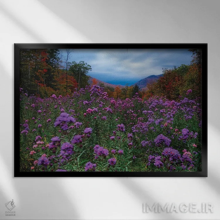 تابلو دکوراتیو چمنزار پاییزی در غروب پر از گل های وحشی اثر جورج اوزه - نمای قابدار مشکی