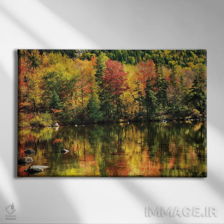 تابلو دکوراتیو انعکاس شاخ و برگ رنگی در دریاچه ای آرام اثر جورج اوزه - نمای روبهرو روی دیوار