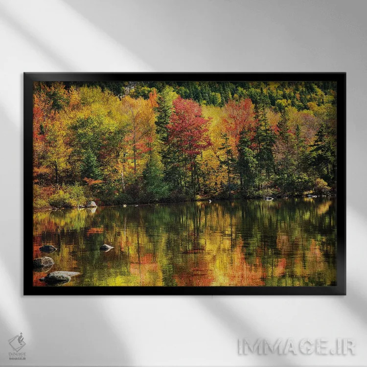 تابلو دکوراتیو انعکاس شاخ و برگ رنگی در دریاچه ای آرام اثر جورج اوزه - نمای قابدار مشکی