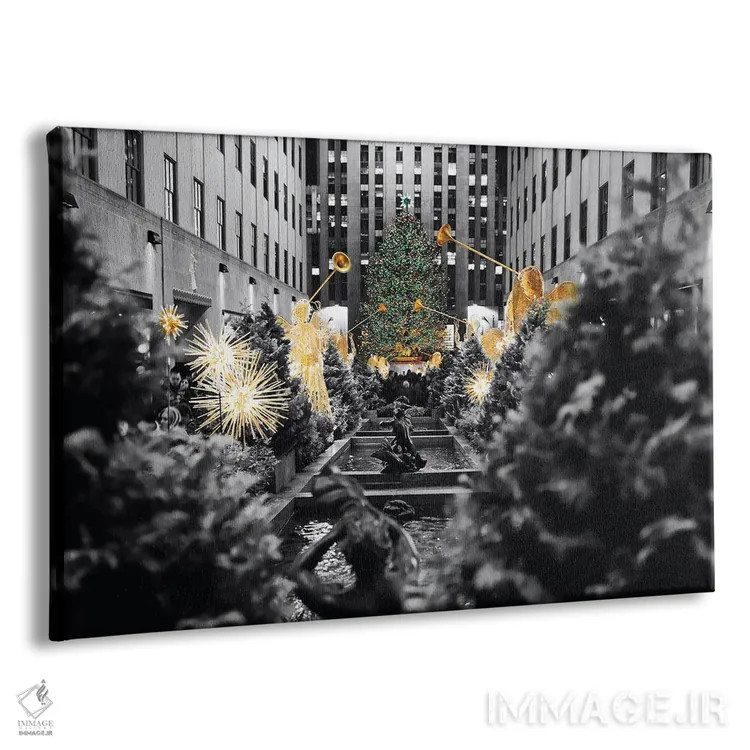 تابلو دکوراتیو درخت کریسمس با مجسمه فرشته شیپورزن در مرکز راکفلر، نیویورک اثر جورج اوزه - نمای پرسپکتیو محصول