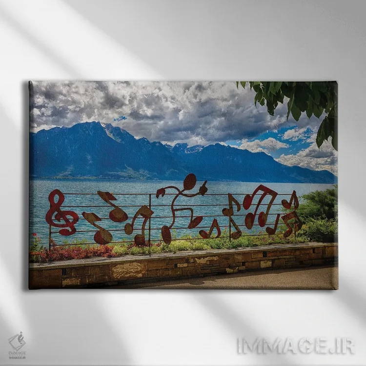 تابلو دکوراتیو خط ساحلی دریاچه ژنو در مونترو، سوئیس اثر جورج اوزه - نمای روبهرو روی دیوار