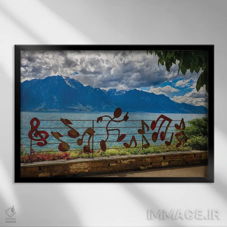 تابلو دکوراتیو خط ساحلی دریاچه ژنو در مونترو، سوئیس اثر جورج اوزه - نمای قابدار مشکی