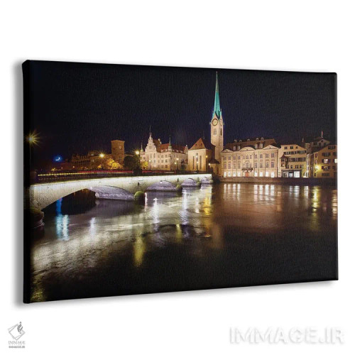 تابلو دکوراتیو نمای شبانه صومعه فراومینستر با پل مونستر، زوریخ، سوئیس اثر جورج اوزه - نمای پرسپکتیو محصول