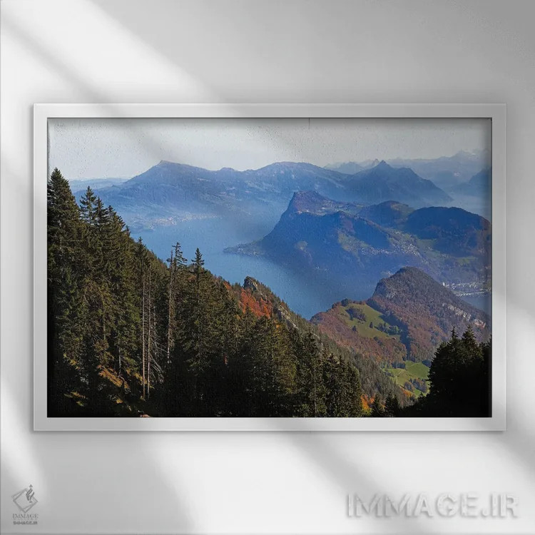 تابلو دکوراتیو نمای از بالا از دریاچه لوزرن، آلپناخ اشتاد، اوبوالدن، سوئیس اثر جورج اوزه - نمای قابدار سفید