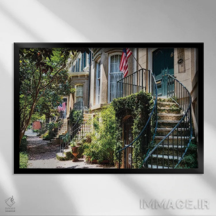 تابلو دکوراتیو خیابان ساوانا با ورودی خانه های سنتی، جورجیا اثر جورج اوزه - نمای قابدار مشکی