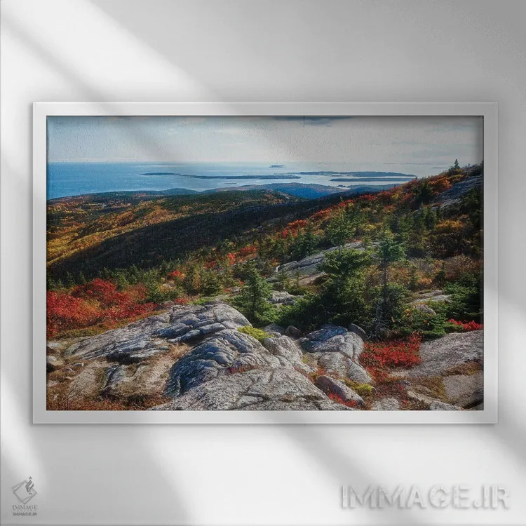 تابلو دکوراتیو منظره پاییزی کوه کادیلاک، پارک ملی آکادیا، مین اثر جورج اوزه - نمای قابدار سفید