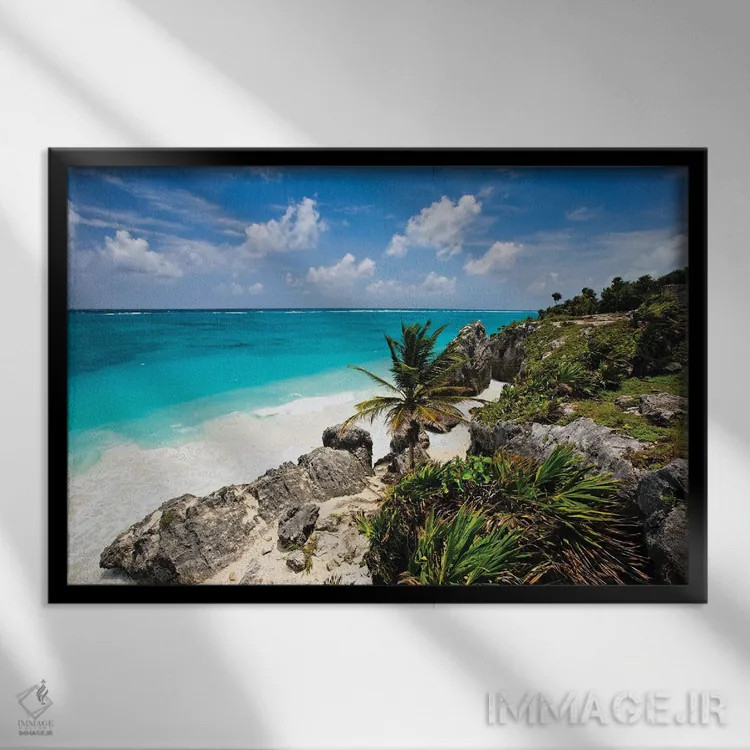 تابلو دکوراتیو نمای بالا از خط ساحلی صخره ای و گرمسیری، تولوم، کوئینتانا رو… اثر جورج اوزه - نمای قابدار مشکی