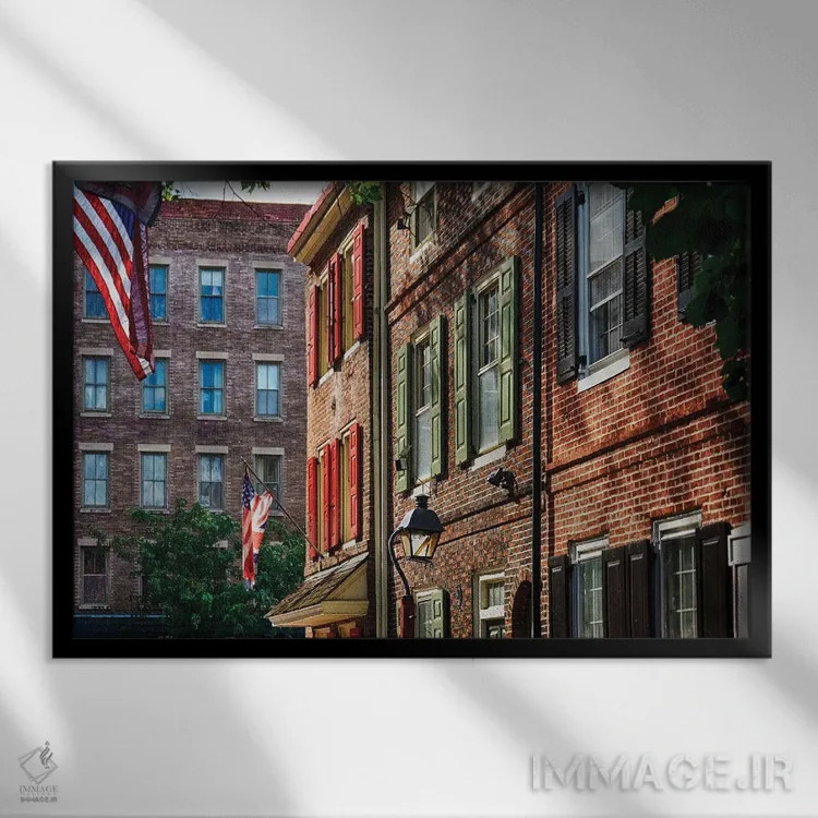 تابلو دکوراتیو خانه های ردیفی قدیمی جذاب فیلادلفیا، پنسیلوانیا اثر جورج اوزه - نمای قابدار مشکی