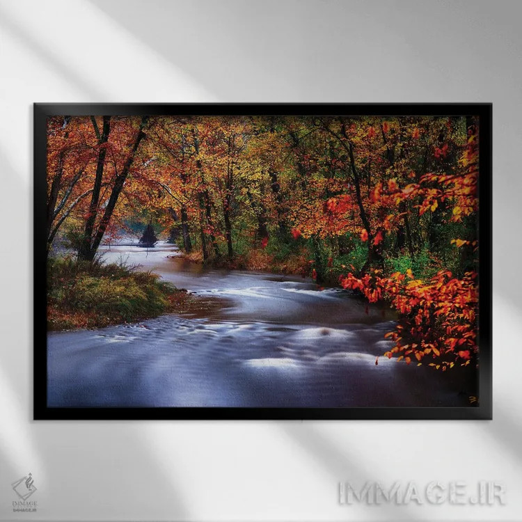 تابلو دکوراتیو رودخانه لامیگتون پیچ درپیچ با رنگ های پاییزی، نیوجرسی اثر جورج اوزه - نمای قابدار مشکی