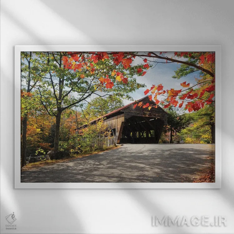 تابلو دکوراتیو نمای از پایین پل سرپوشیده، آلبانی، نیوهمپشایر اثر جورج اوزه - نمای قابدار سفید