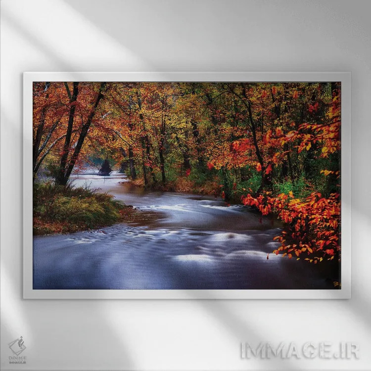 تابلو دکوراتیو رودخانه لامیگتون پیچ درپیچ با رنگ های پاییزی، نیوجرسی اثر جورج اوزه - نمای قابدار سفید