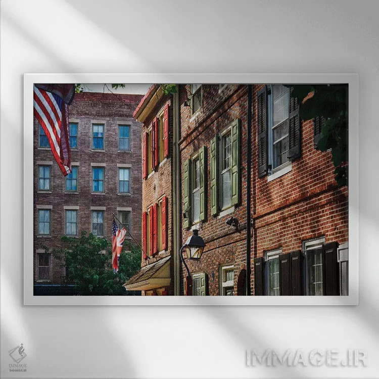 تابلو دکوراتیو خانه های ردیفی قدیمی جذاب فیلادلفیا، پنسیلوانیا اثر جورج اوزه - نمای قابدار سفید