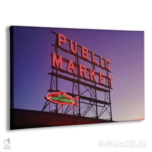 تابلوهای نئونی بازار پایک پلیس در سپیده دم، سیاتل اثر جورج اوزه - نمای پرسپکتیو محصول