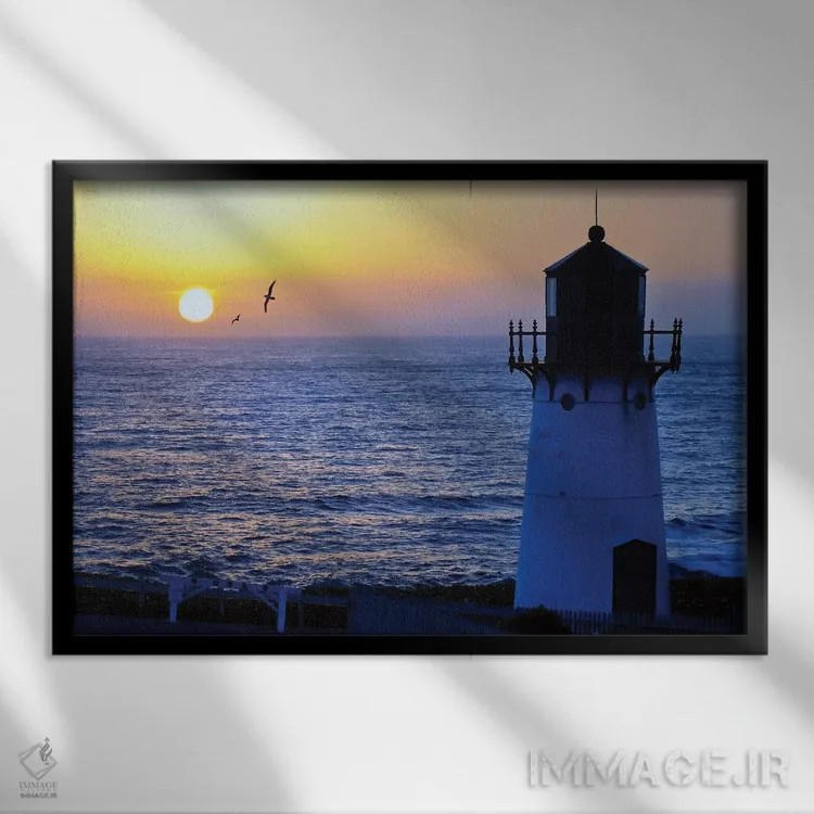 تابلو دکوراتیو غروب در فانوس دریایی مونتارا پوینت، شهرستان سن ماتئو، کالیفرن… اثر جورج اوزه - نمای قابدار مشکی