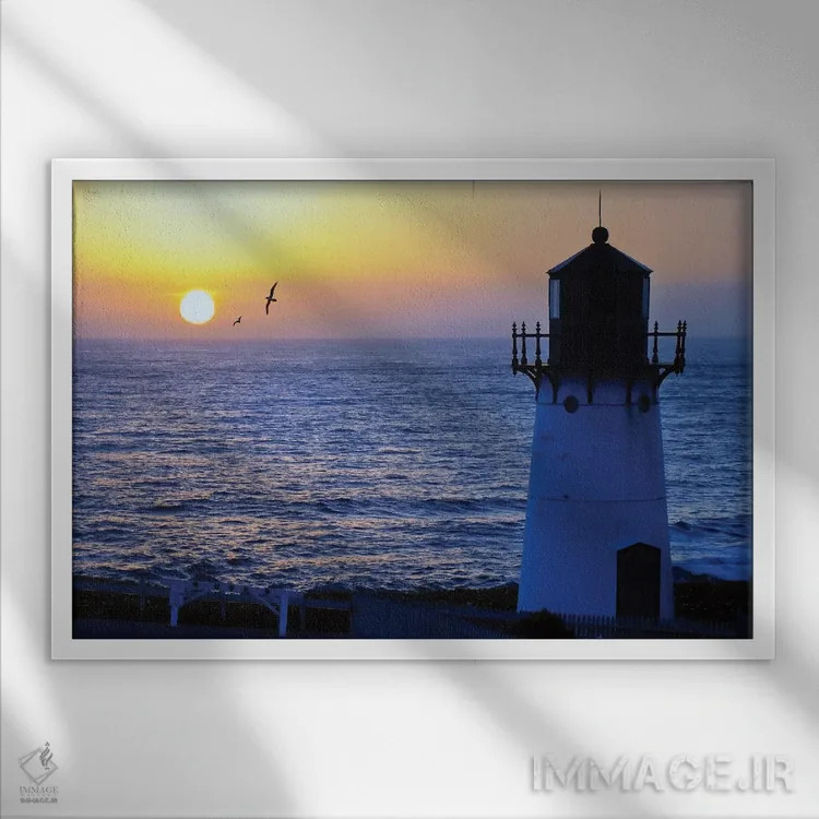 تابلو دکوراتیو غروب در فانوس دریایی مونتارا پوینت، شهرستان سن ماتئو، کالیفرن… اثر جورج اوزه - نمای قابدار سفید