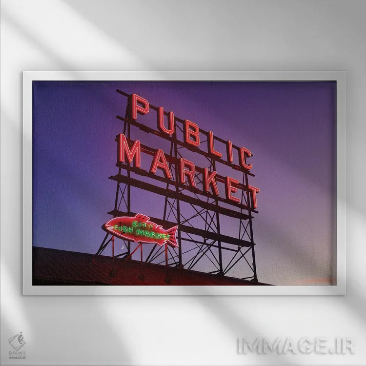 تابلوهای نئونی بازار پایک پلیس در سپیده دم، سیاتل اثر جورج اوزه - نمای قابدار سفید