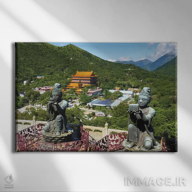 تابلو دکوراتیو دو تندیس دوی الهی از مجموعه شش تایی هدیه دهنده به بودای تیان… اثر جورج اوزه - نمای روبهرو روی دیوار