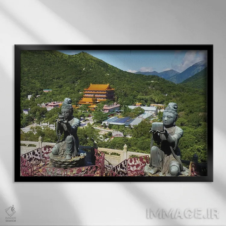 تابلو دکوراتیو دو تندیس دوی الهی از مجموعه شش تایی هدیه دهنده به بودای تیان… اثر جورج اوزه - نمای قابدار مشکی