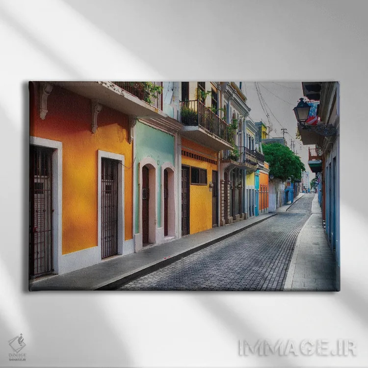 تابلو دکوراتیو نمای خیابان سان خوان قدیمی، پورتوریکو اثر جورج اوزه - نمای روبهرو روی دیوار