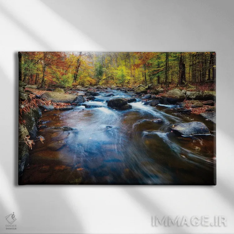 تابلو دکوراتیو منظره پاییزی رودخانه صخره ای، نیوجرسی اثر جورج اوزه - نمای روبهرو روی دیوار