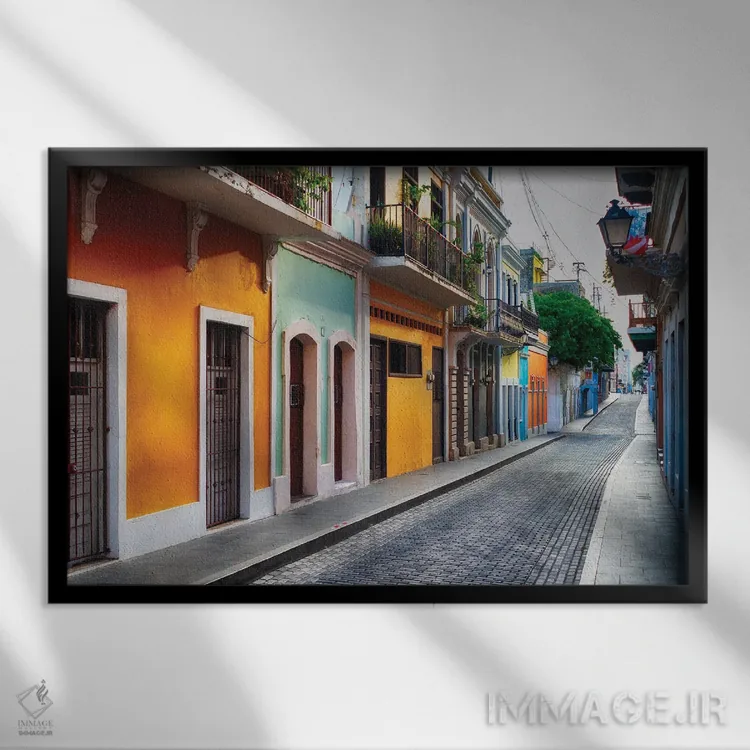 تابلو دکوراتیو نمای خیابان سان خوان قدیمی، پورتوریکو اثر جورج اوزه - نمای قابدار مشکی