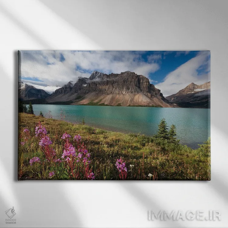 تابلو دکوراتیو دریاچه بو با کوه کلاغ پا، آلبرتا، کانادا اثر جورج اوزه - نمای روبهرو روی دیوار